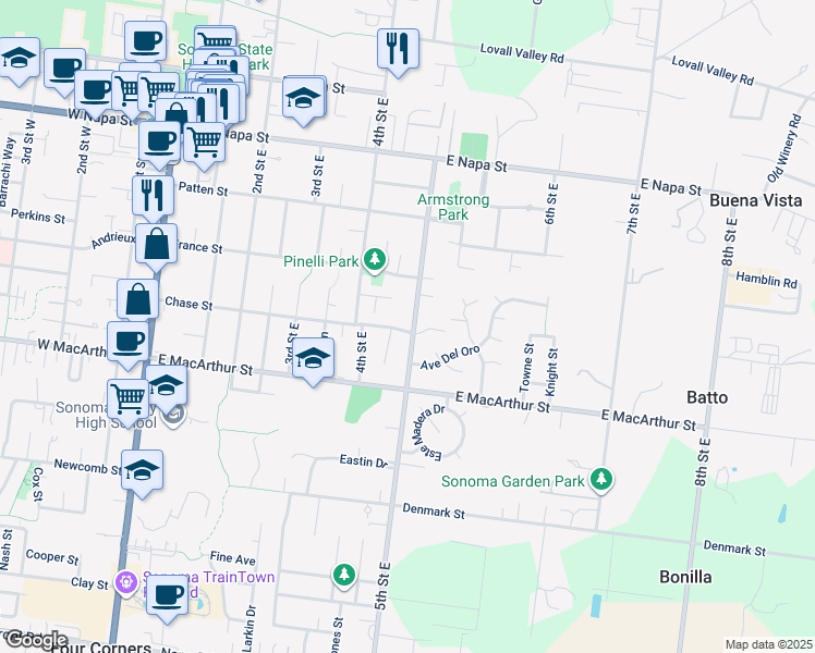 map of restaurants, bars, coffee shops, grocery stores, and more near 760 5th Street East in Sonoma