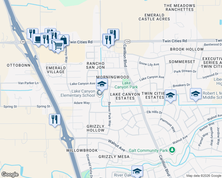 map of restaurants, bars, coffee shops, grocery stores, and more near 832 Lake Canyon Avenue in Galt