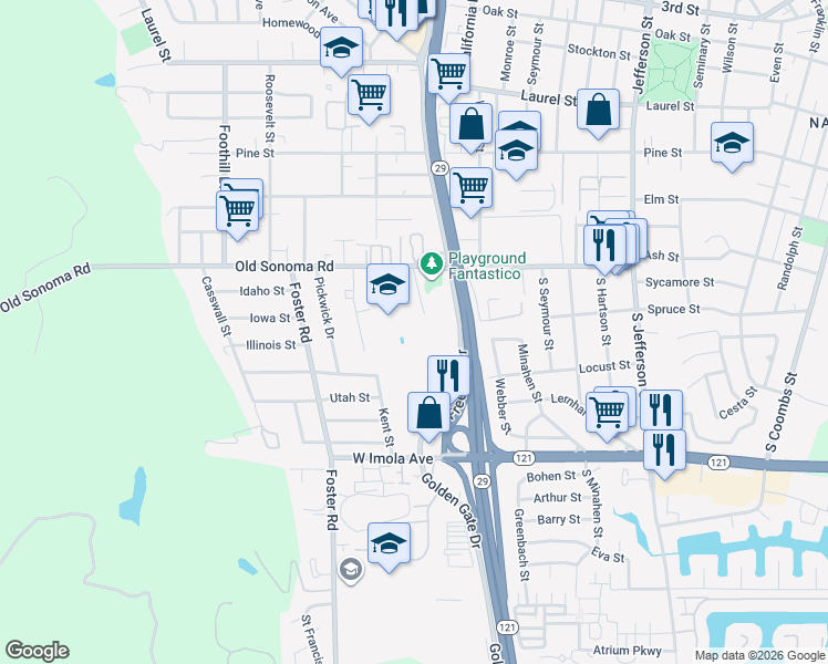 map of restaurants, bars, coffee shops, grocery stores, and more near 2447 Old Sonoma Road in Napa