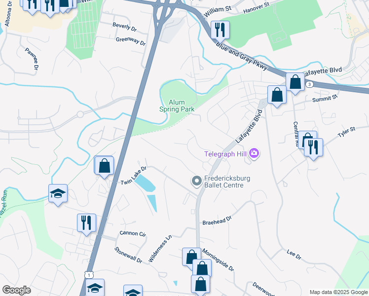 map of restaurants, bars, coffee shops, grocery stores, and more near 1020 West Kensington Circle in Fredericksburg