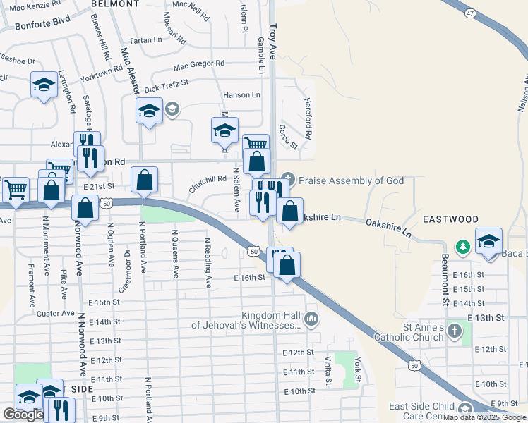 map of restaurants, bars, coffee shops, grocery stores, and more near 1911 Troy Avenue in Pueblo