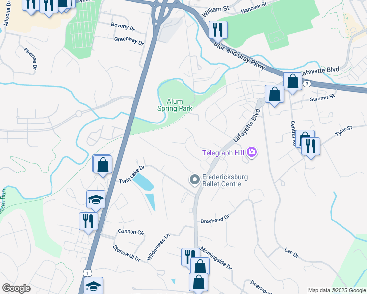 map of restaurants, bars, coffee shops, grocery stores, and more near 1020 West Kensington Circle in Fredericksburg