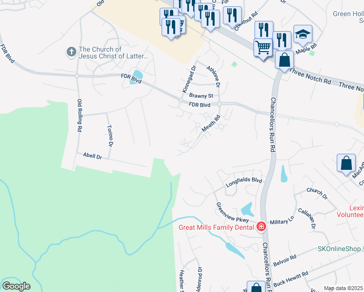 map of restaurants, bars, coffee shops, grocery stores, and more near 45511 Daugherty Court in Great Mills