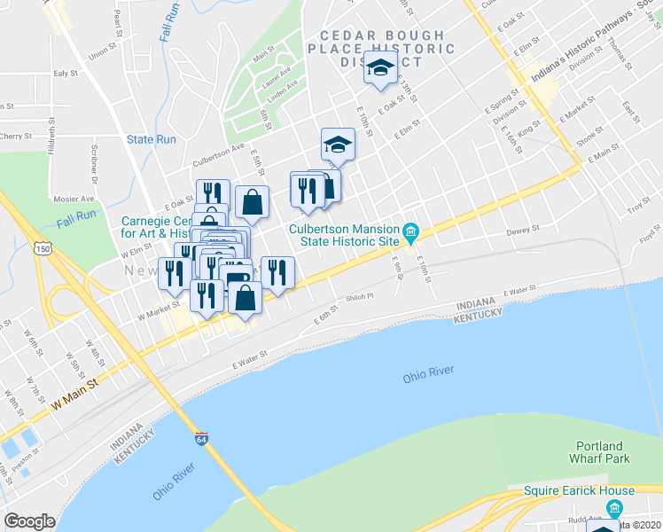 map of restaurants, bars, coffee shops, grocery stores, and more near 605 East Main Street in New Albany