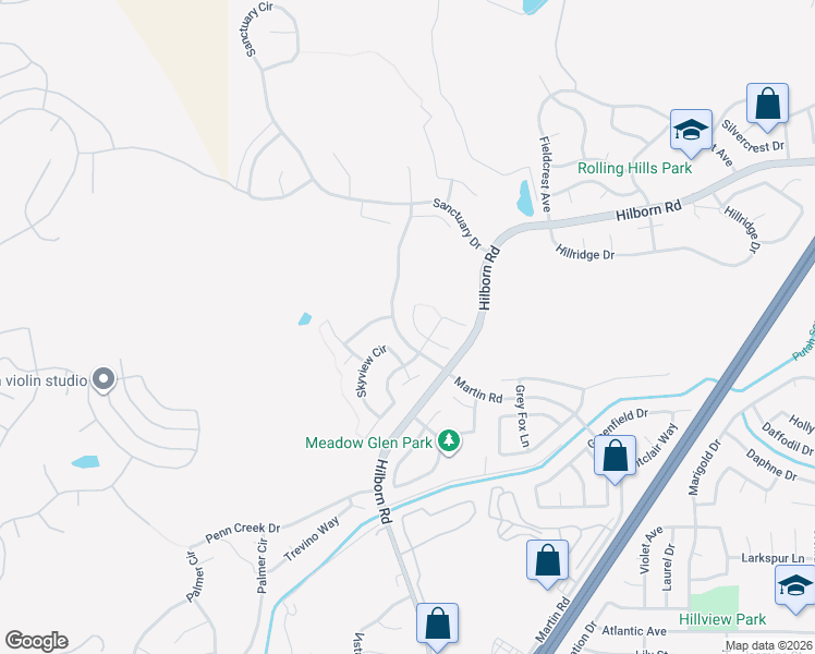 map of restaurants, bars, coffee shops, grocery stores, and more near 2421 Wolf Glen Place in Fairfield