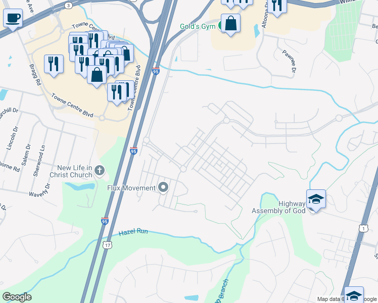 map of restaurants, bars, coffee shops, grocery stores, and more near 1606 Wilcox Avenue in Fredericksburg