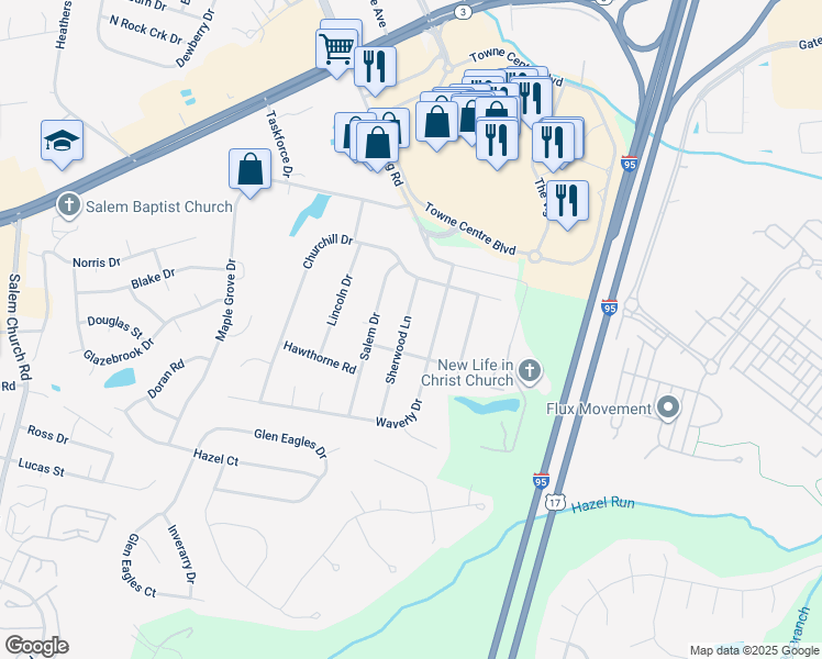 map of restaurants, bars, coffee shops, grocery stores, and more near 809 Sherwood Lane in Fredericksburg