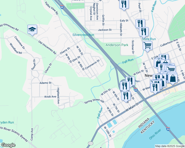 map of restaurants, bars, coffee shops, grocery stores, and more near 620 West 7th Street in New Albany