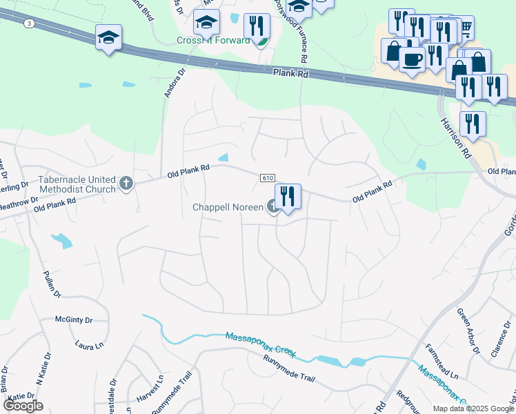 map of restaurants, bars, coffee shops, grocery stores, and more near 7022 Old Plank Road in Fredericksburg