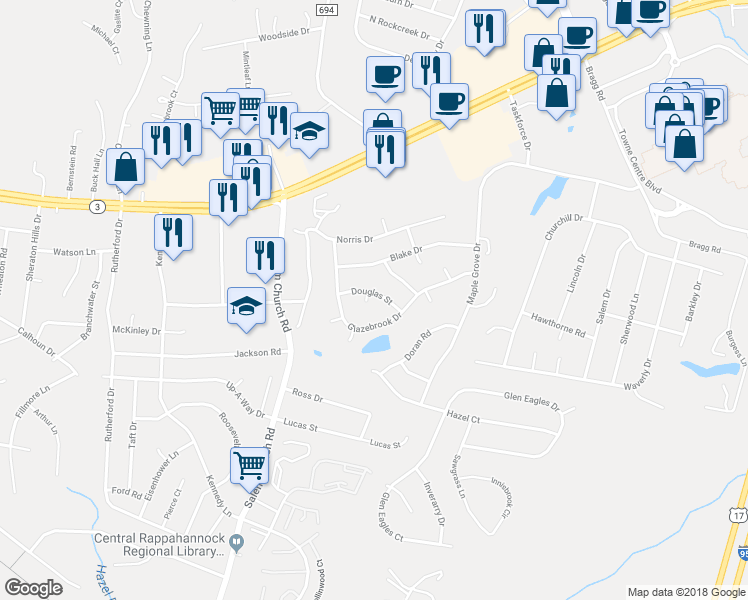 map of restaurants, bars, coffee shops, grocery stores, and more near 808 Douglas Street in Fredericksburg