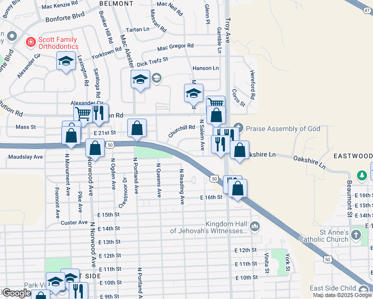 map of restaurants, bars, coffee shops, grocery stores, and more near 1717 Oakshire Lane in Pueblo