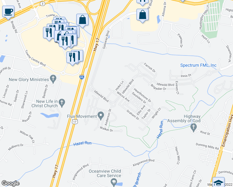 map of restaurants, bars, coffee shops, grocery stores, and more near 1608 Wilcox Avenue in Fredericksburg