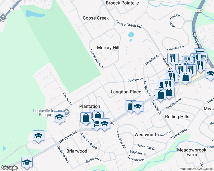 map of restaurants, bars, coffee shops, grocery stores, and more near 8812 Blossom Lane in Louisville