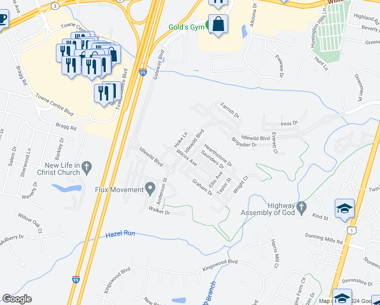 map of restaurants, bars, coffee shops, grocery stores, and more near 1906 Idlewild Boulevard in Fredericksburg