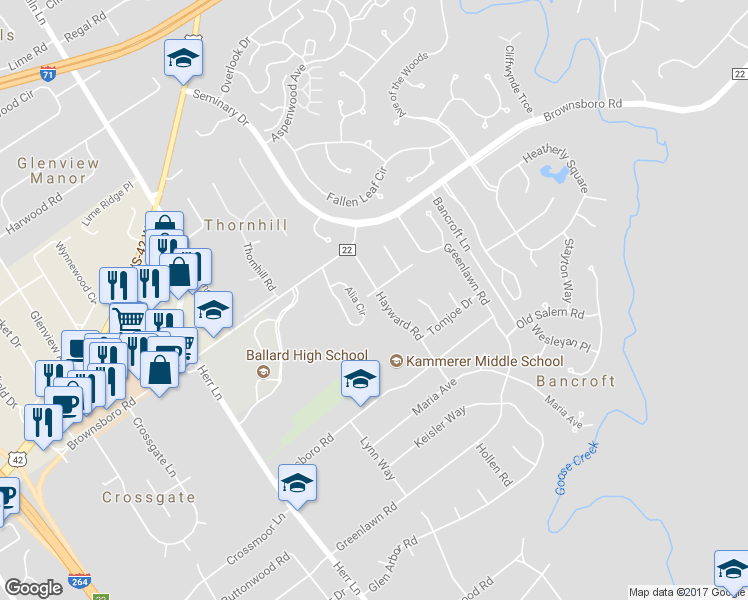 map of restaurants, bars, coffee shops, grocery stores, and more near 7014 West Shefford Lane in Louisville