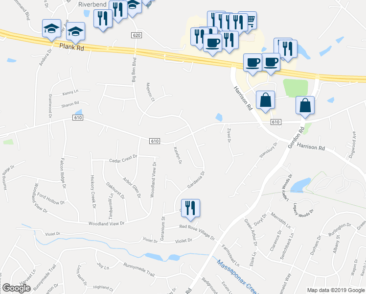 map of restaurants, bars, coffee shops, grocery stores, and more near 11916 Buttercup Lane in Fredericksburg