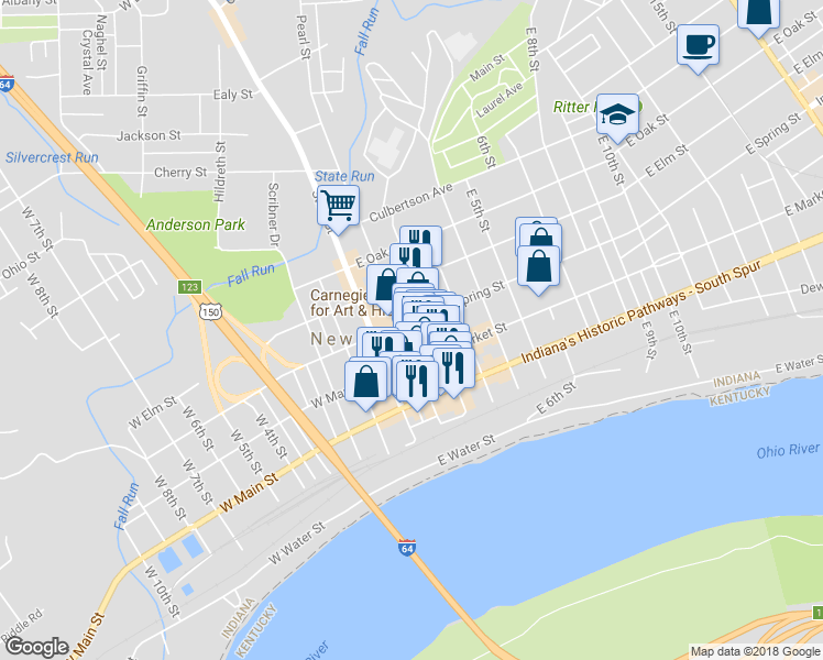 map of restaurants, bars, coffee shops, grocery stores, and more near 336 Pearl Street in New Albany