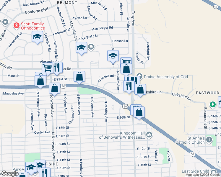 map of restaurants, bars, coffee shops, grocery stores, and more near 1717 Oakshire Lane in Pueblo
