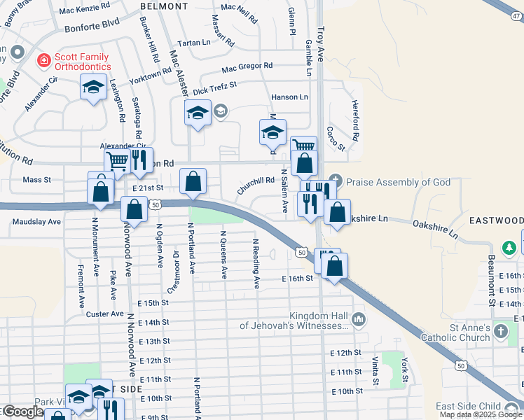 map of restaurants, bars, coffee shops, grocery stores, and more near 1717 Oakshire Lane in Pueblo
