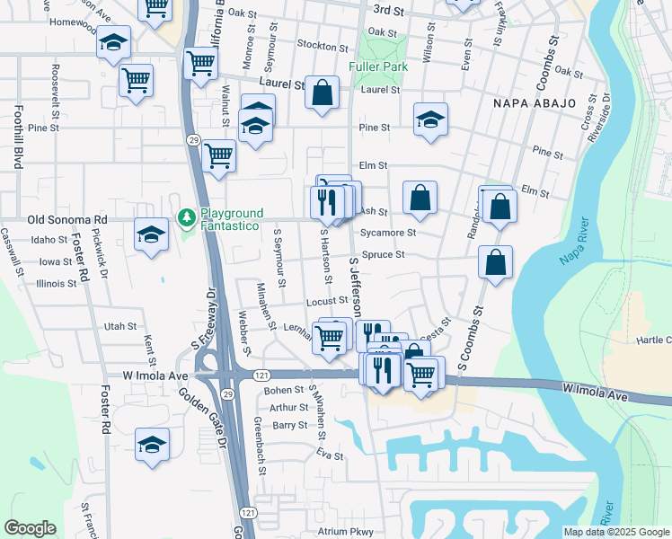 map of restaurants, bars, coffee shops, grocery stores, and more near 216 South Hartson Street in Napa