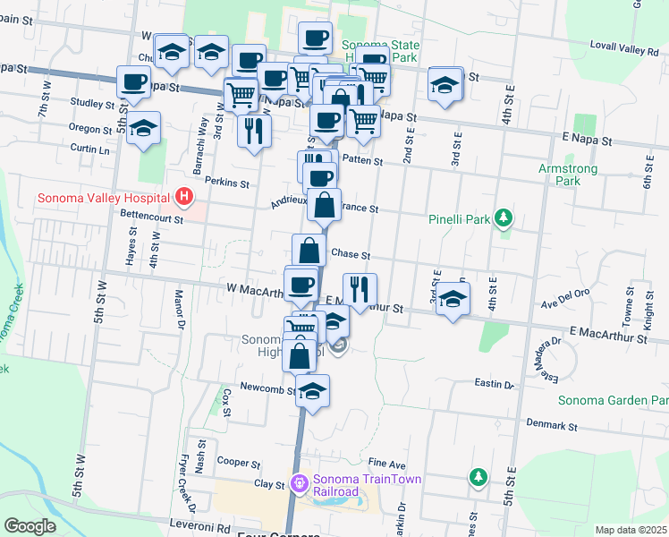 map of restaurants, bars, coffee shops, grocery stores, and more near 830 Broadway in Sonoma