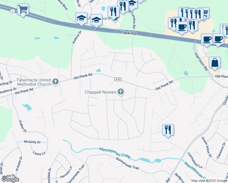 map of restaurants, bars, coffee shops, grocery stores, and more near 7022 Old Plank Road in Fredericksburg