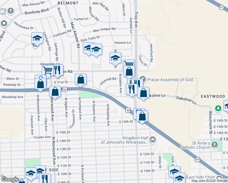 map of restaurants, bars, coffee shops, grocery stores, and more near 1717 Oakshire Lane in Pueblo