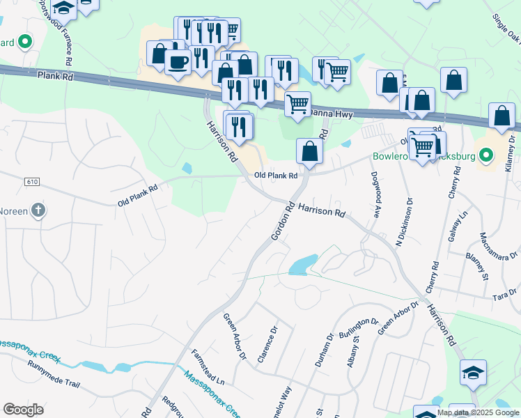 map of restaurants, bars, coffee shops, grocery stores, and more near 6801 Hanover Court in Fredericksburg