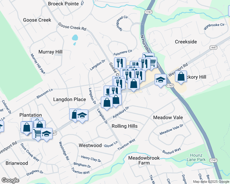 map of restaurants, bars, coffee shops, grocery stores, and more near 9525 Westport Road in Louisville