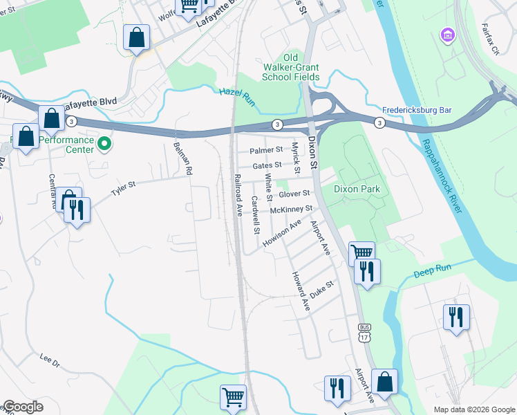 map of restaurants, bars, coffee shops, grocery stores, and more near 1210 Cardwell Street in Fredericksburg
