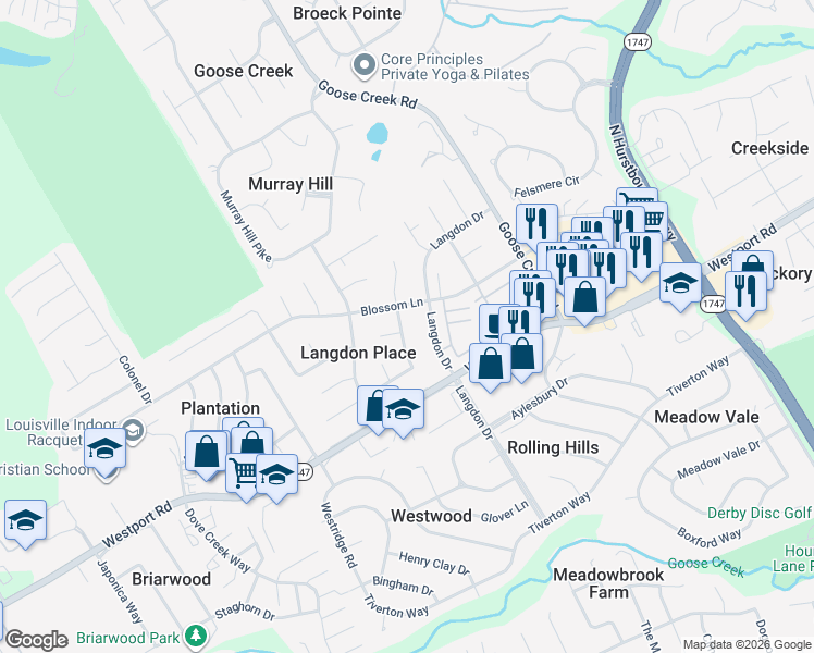 map of restaurants, bars, coffee shops, grocery stores, and more near 2701 Wareham Road in Louisville