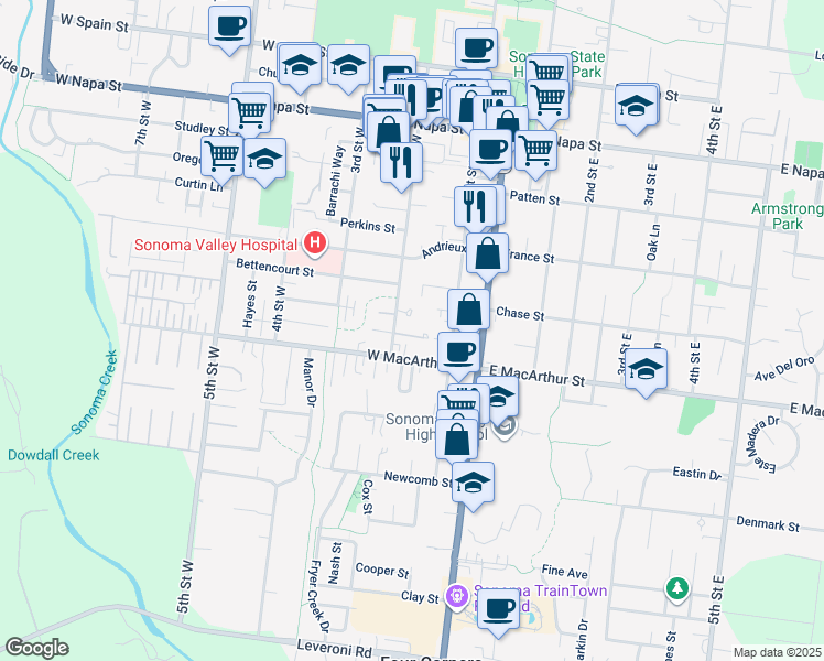 map of restaurants, bars, coffee shops, grocery stores, and more near 174 Piper Lane in Sonoma