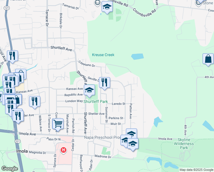 map of restaurants, bars, coffee shops, grocery stores, and more near 1320 Linden Street in Napa