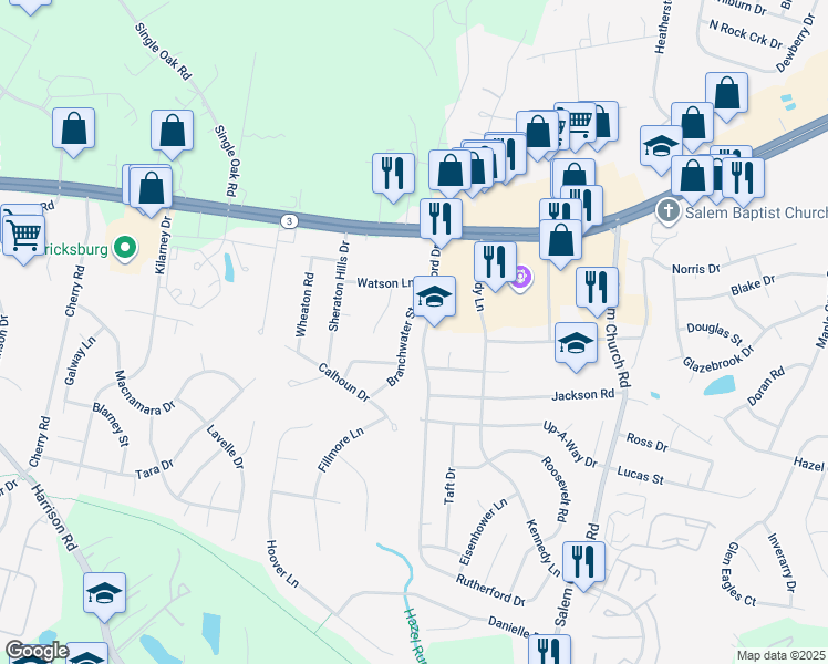 map of restaurants, bars, coffee shops, grocery stores, and more near 12007 Branchwater Street in Fredericksburg