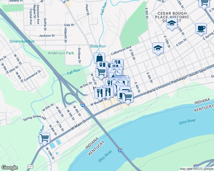 map of restaurants, bars, coffee shops, grocery stores, and more near 400 State Street in New Albany