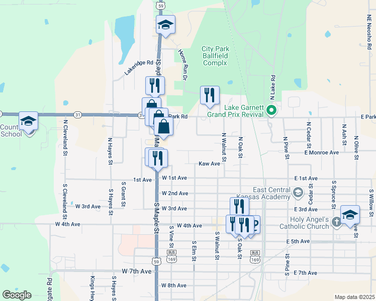 map of restaurants, bars, coffee shops, grocery stores, and more near Ivy Terrace in Garnett