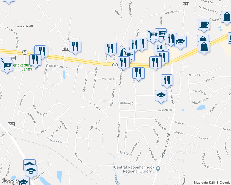 map of restaurants, bars, coffee shops, grocery stores, and more near 12007 Branchwater Street in Fredericksburg