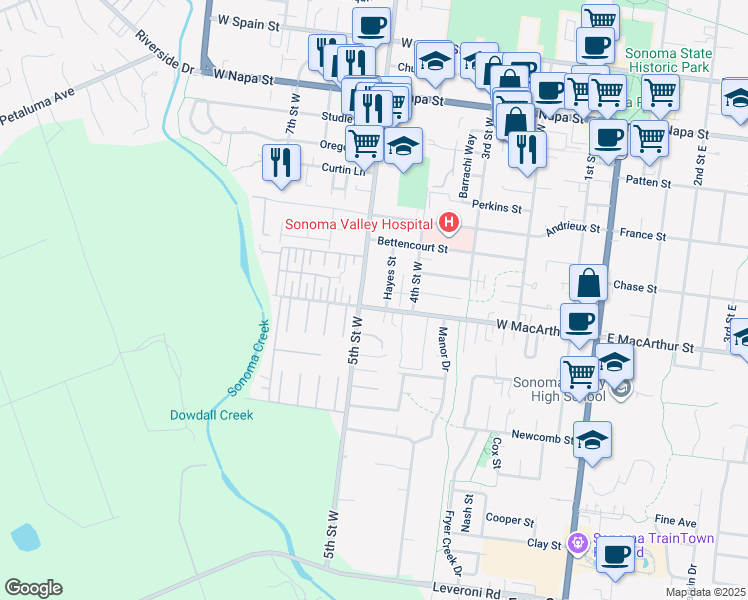 map of restaurants, bars, coffee shops, grocery stores, and more near 486 West Macarthur Street in Sonoma