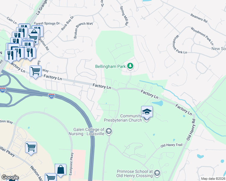 map of restaurants, bars, coffee shops, grocery stores, and more near 13504-13692 Factory Ln in Louisville