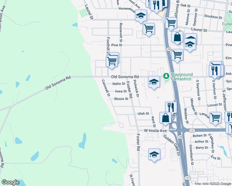 map of restaurants, bars, coffee shops, grocery stores, and more near 2737 Iowa Street in Napa
