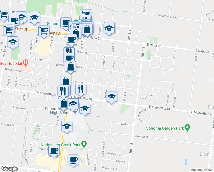 map of restaurants, bars, coffee shops, grocery stores, and more near 299 Chase Street in Sonoma