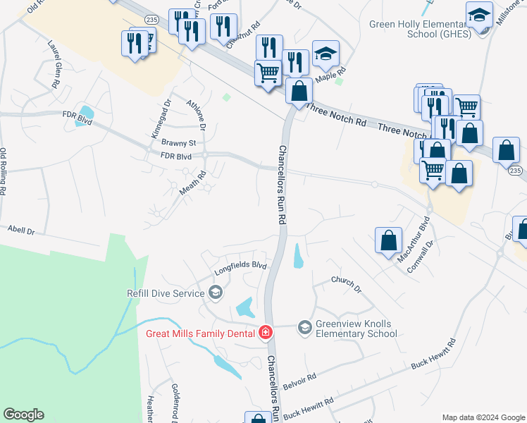 map of restaurants, bars, coffee shops, grocery stores, and more near 22520 Iverson Drive in Great Mills