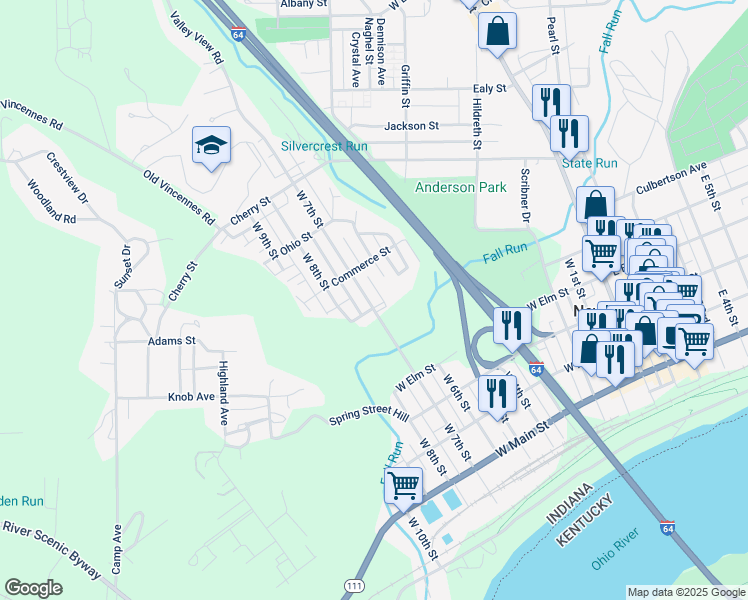 map of restaurants, bars, coffee shops, grocery stores, and more near 620 West 7th Street in New Albany
