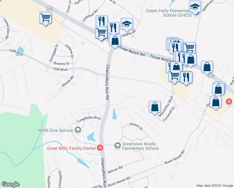 map of restaurants, bars, coffee shops, grocery stores, and more near 45743 Dee Court in Great Mills