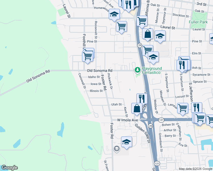 map of restaurants, bars, coffee shops, grocery stores, and more near 320 Foster Road in Napa