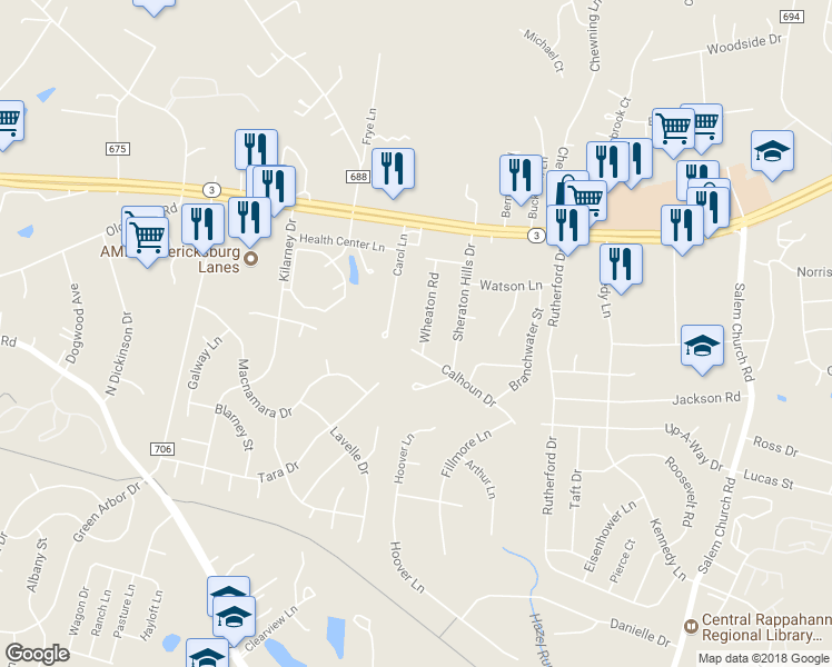 map of restaurants, bars, coffee shops, grocery stores, and more near 12004 Wheaton Road in Fredericksburg