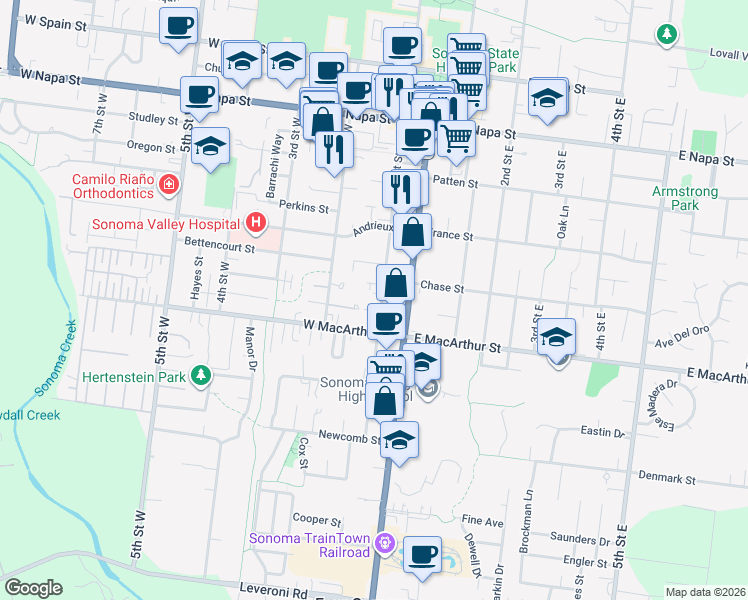 map of restaurants, bars, coffee shops, grocery stores, and more near 845 1st Street West in Sonoma