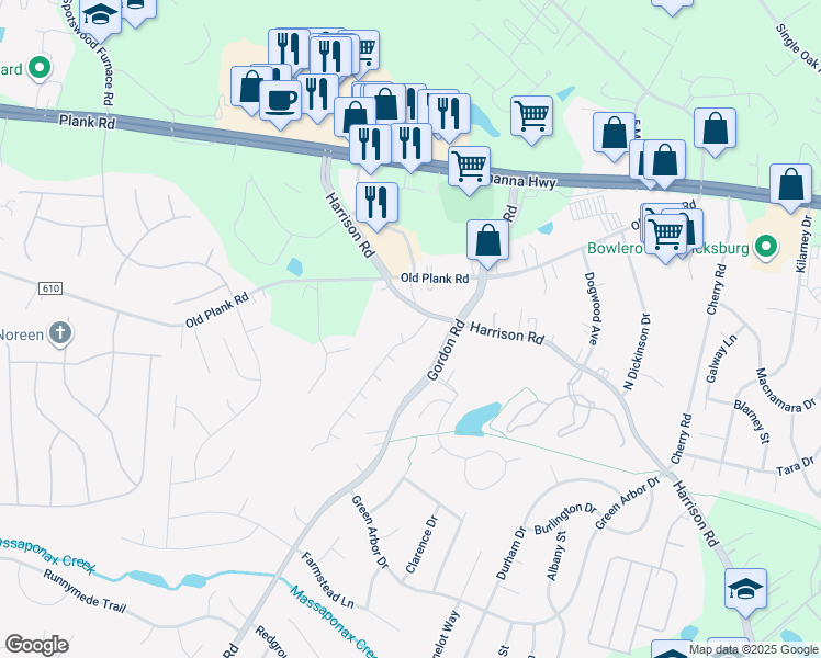 map of restaurants, bars, coffee shops, grocery stores, and more near 6801 Hanover Court in Fredericksburg
