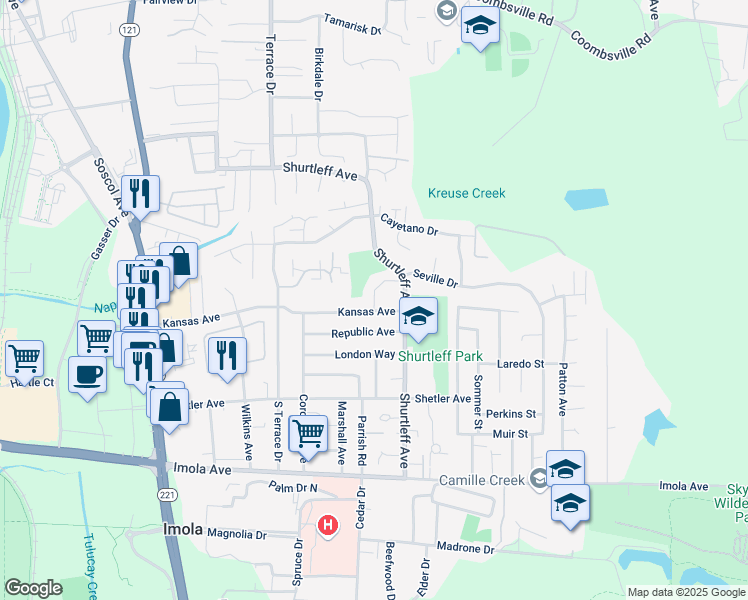 map of restaurants, bars, coffee shops, grocery stores, and more near Polley Drive in Napa