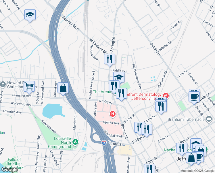 map of restaurants, bars, coffee shops, grocery stores, and more near 1506-1598 Spring St in Jeffersonville
